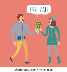 Attractive man is carrying a bouquet of flowers for the first date with a girl. Vector image in a cartoon flat style. 