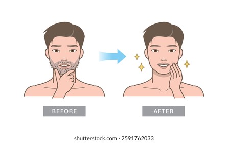 Attractive man character. Before and after beard shaving. Change of aftershave.