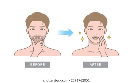 Attractive man character. Before and after beard shaving. Change of aftershave.
