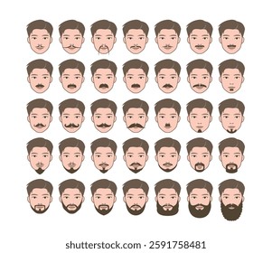 Attractive man character with various kinds of beard design. Fashion style of beard and mustache.