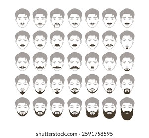 Attractive man character with various kinds of beard design. Fashion style of beard and mustache.