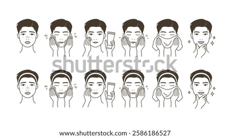 Attractive man character who washes his face. Male portrait cleansing face.