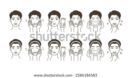 Attractive man character who washes his face. Male portrait cleansing face.