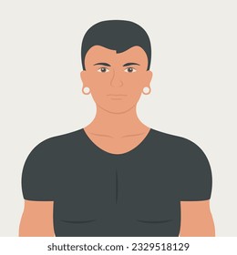 attractive man with cool piercing vector. earlobe expansion flat design style. young punk hipster male with enlarged ear lobes for huge earrings illustration like emo trendy fashion. flesh tunnel art