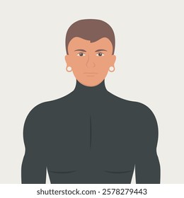 attractive man with cool piercing vector. earlobe expansion flat design style. young punk hipster male with enlarged ear lobes for huge earrings illustration like emo trendy fashion. flesh tunnel art