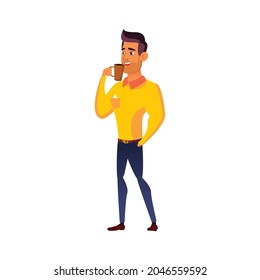 attractive man drinking coffee in office cartoon vector. attractive man drinking coffee in office character. isolated flat cartoon illustration
