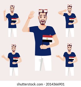 An attractive man with the Egyptian flag. A set of fan emotions. Vector illustration on cartoon style.