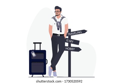 Atractivo hombre de estilo plano que se queda cerca del letrero de la carretera y su equipaje. Ilustración de vectores sobre un tema turístico para sitios web