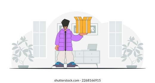 An attractive man is holding a box.