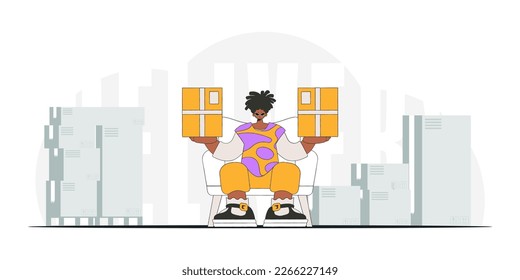 Attractive man holding boxes in his hands. A visual representation of the shipment of deliveries and freight