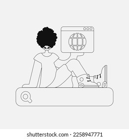 An attractive man holds a browser window in his hands. Black and white style.
