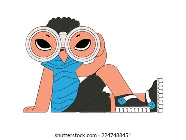 Attractive man holds in his hands and looks through binoculars. HR theme.