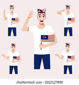 An attractive man with the Malaysian flag. A set of fan emotions. Vector illustration on cartoon style.