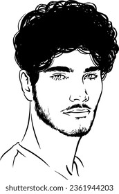 Attractive Man Profile With Curly Messy Hair.
