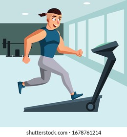 Attractive man run on treadmill vector illustration 