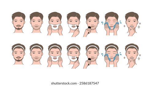 Attractive man shaving and care his face with shaver. Male portrait and morning shave routine.