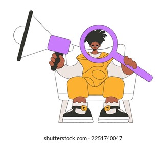 An attractive man sits in a chair and holds a megaphone. Good for job search topics.