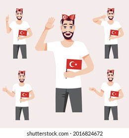 An attractive man with the Turkish flag. A set of fan emotions. Vector illustration on cartoon style.