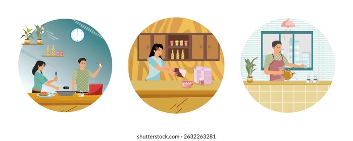 Attractive man and woman feeling happy and relax, enjoy cooking foods for breakfast. Morning breakfast. Healthy food and nutrition concept. Adult man smiling while making Italian style coffee.