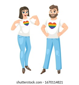 Attractive man and woman wearing white t-shirt with heart LGBT flag colors. Vector illustration