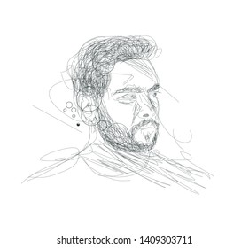 An attractive man's face dissolving into pen lines, Hand Drawn Line Art Vector illustration.