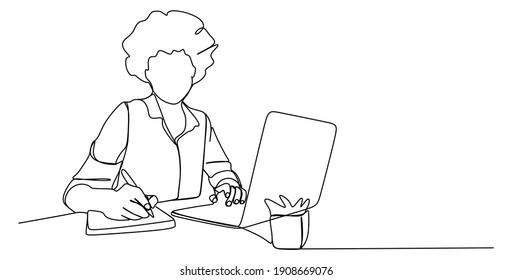 Attractive mature businesswoman working on laptop in her workstation - Continuous one line drawing