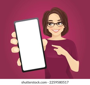 Attractive mature woman pointing to the blank phone screen vector illustration 