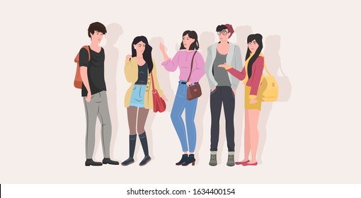 attractive men women group standing together female male cartoon characters in casual clothes full length flat horizontal vector illustration