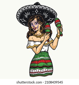 Attractive Mexican woman in sombrero, hoop earrings and necklace playing maracas against isolated background, vector illustration