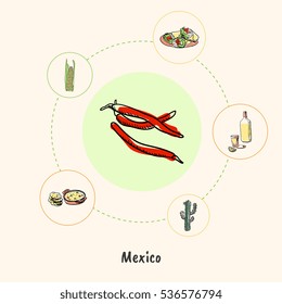 Attractive Mexico. Chilli peppers colored doodle surrounded cactus, bottle of tequila, burritos, corn, lecho hand drawn vector icons. Mexican national cuisine symbols. Travel in Latin America