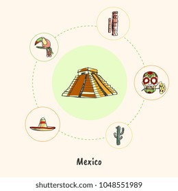 Attractive Mexico. Mayas pyramid colored doodle surrounded skull with flower, idol, toucan, sombrero hand drawn vector icons. Mexican cultural, nature, historical symbols. Travel in Latin America