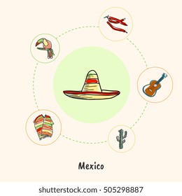 Attractive Mexico. Sombrero colored doodle surrounded guitar, chilli peppers, toucan, poncho, cactus hand drawn vector icons. Mexican cultural, culinary, nature symbols. Travel in Latin America