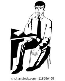 Attractive middle-aged man sitting at the table and close the mouth. All on white background. Vector illustration