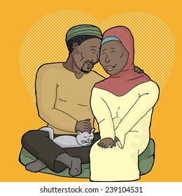 Attractive Muslim man and woman with pet cat