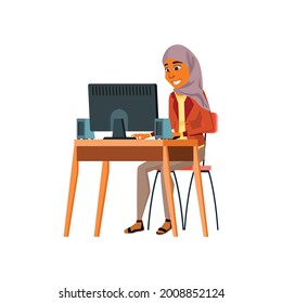 attractive muslim woman working on computer cartoon vector. attractive muslim woman working on computer character. isolated flat cartoon illustration