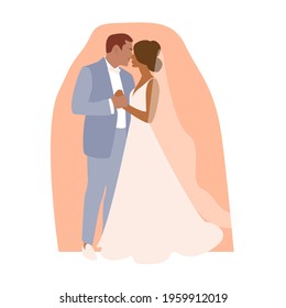 Attractive newlyweds dancing their first dance. The bride in a beautiful wedding dress and the groom in a blue suit look at each other and want to kiss. Vector flat illustration