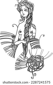 Attractive nymph in a wreath of wildflowers with a long braided braid in a swirl of fields and flowers