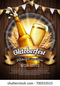 Attractive oktoberfest celebration, Beer festival poster with refreshing beverage isolated on wooden plank, oktoberfest means beer festival in German