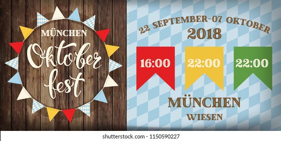 Attractive oktoberfest celebration, Flags festival poster with refreshing beverage isolated on wooden plank, oktoberfest means beer festival in German.