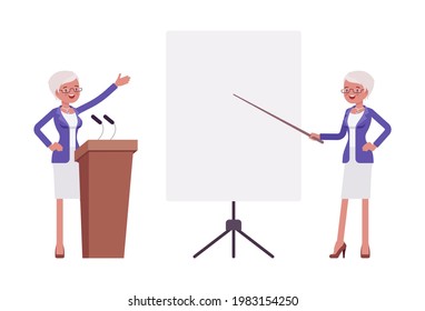 Attractive old woman, elderly businesswoman at tribune, white board. Bossy senior manager, gray haired active person above 50 years. Vector flat style cartoon illustration isolated on white background