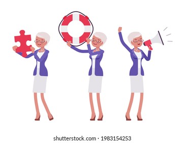 Attractive old woman, elderly businesswoman in suit with puzzle, megaphone. Bossy senior manager, active person above 50 years. Vector flat style cartoon illustration isolated on white background