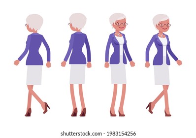 Attractive old woman, elderly businesswoman in elegant suit full length. Bossy senior manager, elegant active person above 50 years. Vector flat style cartoon illustration isolated on white background