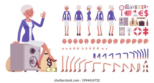 Attractive old woman, elderly businesswoman construction set. Bossy senior manager, active person above 50 year and business objects. Cartoon flat style infographic illustration, different emotions
