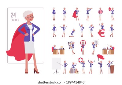 Attractive old woman, elderly businesswoman character set, pose sequences. Bossy senior manager, gray active person above 50 year, employee. Full length, different views, gestures, emotions, position