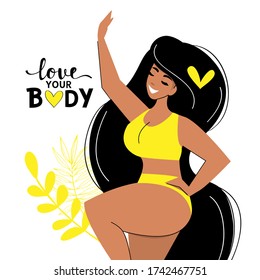 Attractive overweight lady. Female cartoon character. Love your body. Body positive. Plus size woman