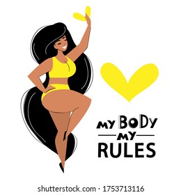 Attractive overweight lady. Female cartoon character. My body my rules. Body positive. Plus size woman
