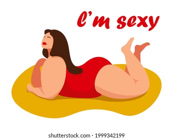 Attractive overweight woman lies on her stomach. Female cartoon flat style character. Love your body. Body positive. Plus size woman