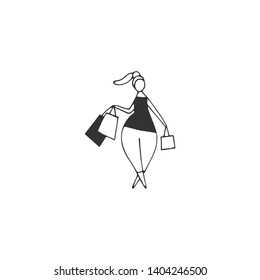 Attractive overweight woman on shopping. Hand drawn vector icon. Body positive, plus size concept. Perfect for large-size clothing stores and resources devoted to the harmony with your body.