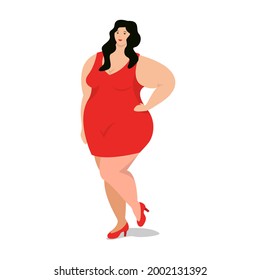 Attractive overweight woman is standing. Female cartoon flat style character. Body positive. Plus size girl