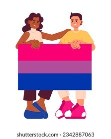 Attractive people with bisexual pride flag semi flat color vector characters. LGBT community. Editable full body people share support on white. Simple cartoon spot illustration for web graphic design